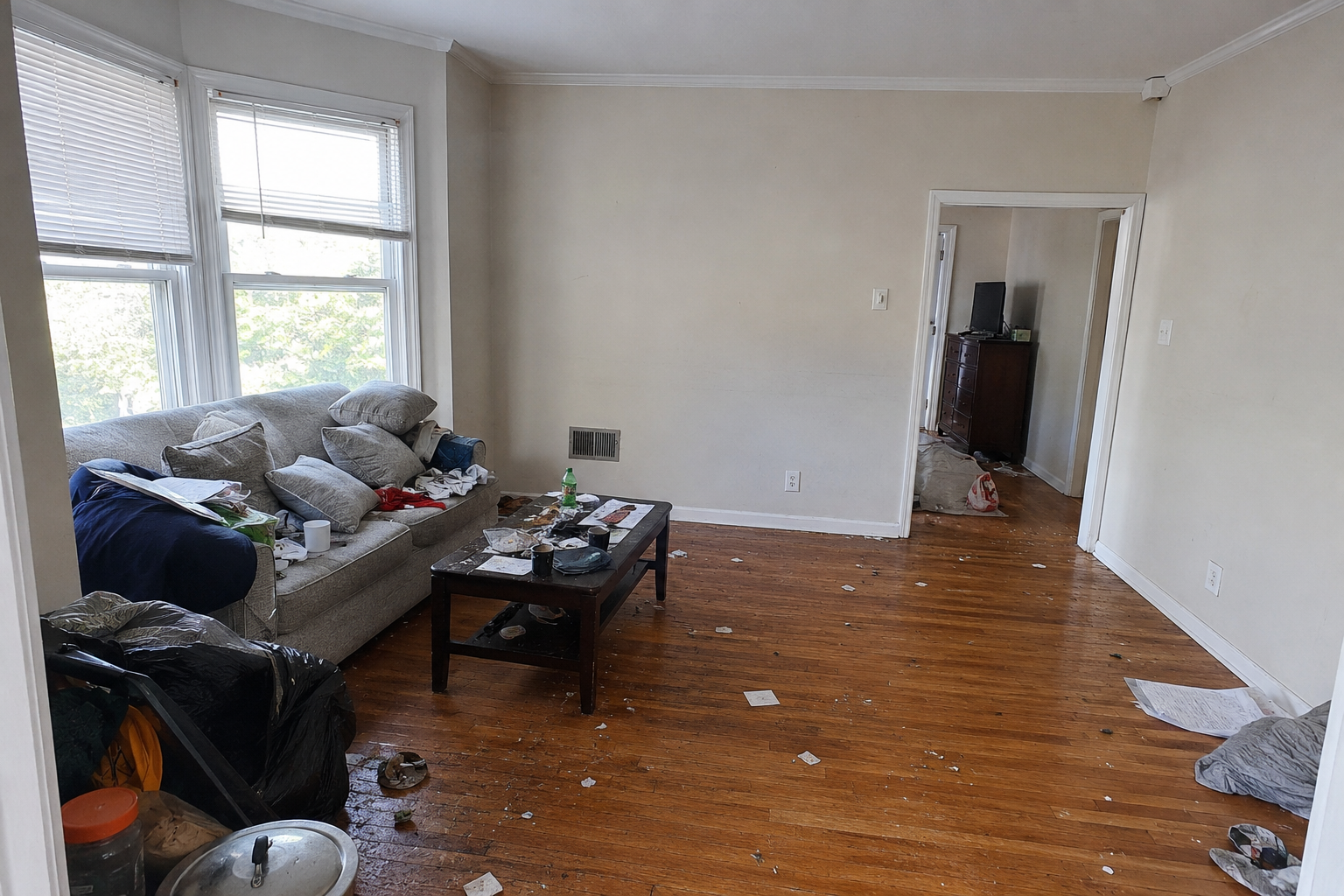 Unit left with debris, furniture, and stale condition after move-out.
