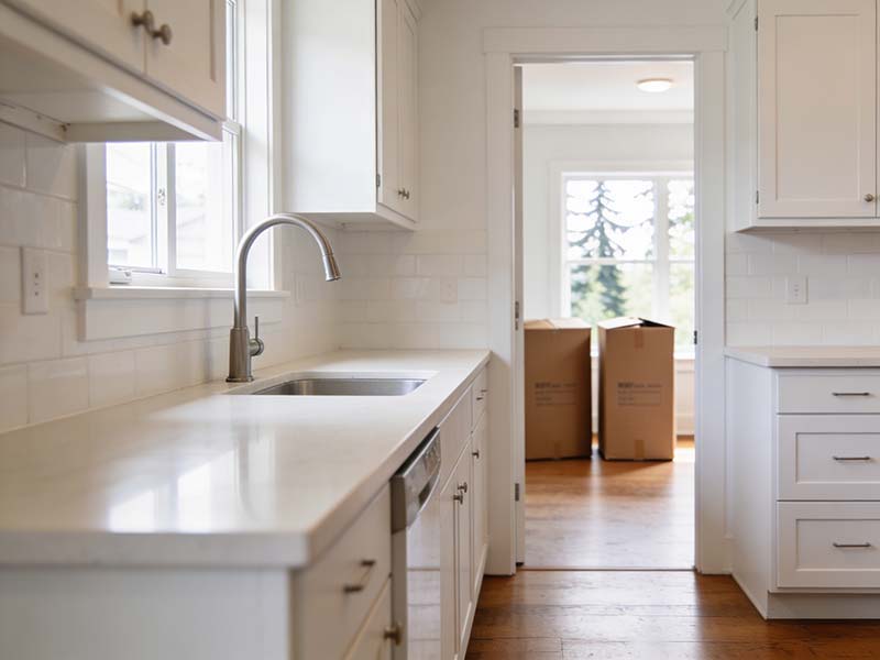 After — Clean empty rental kitchen, white cabinets and countertops, move-in ready condition