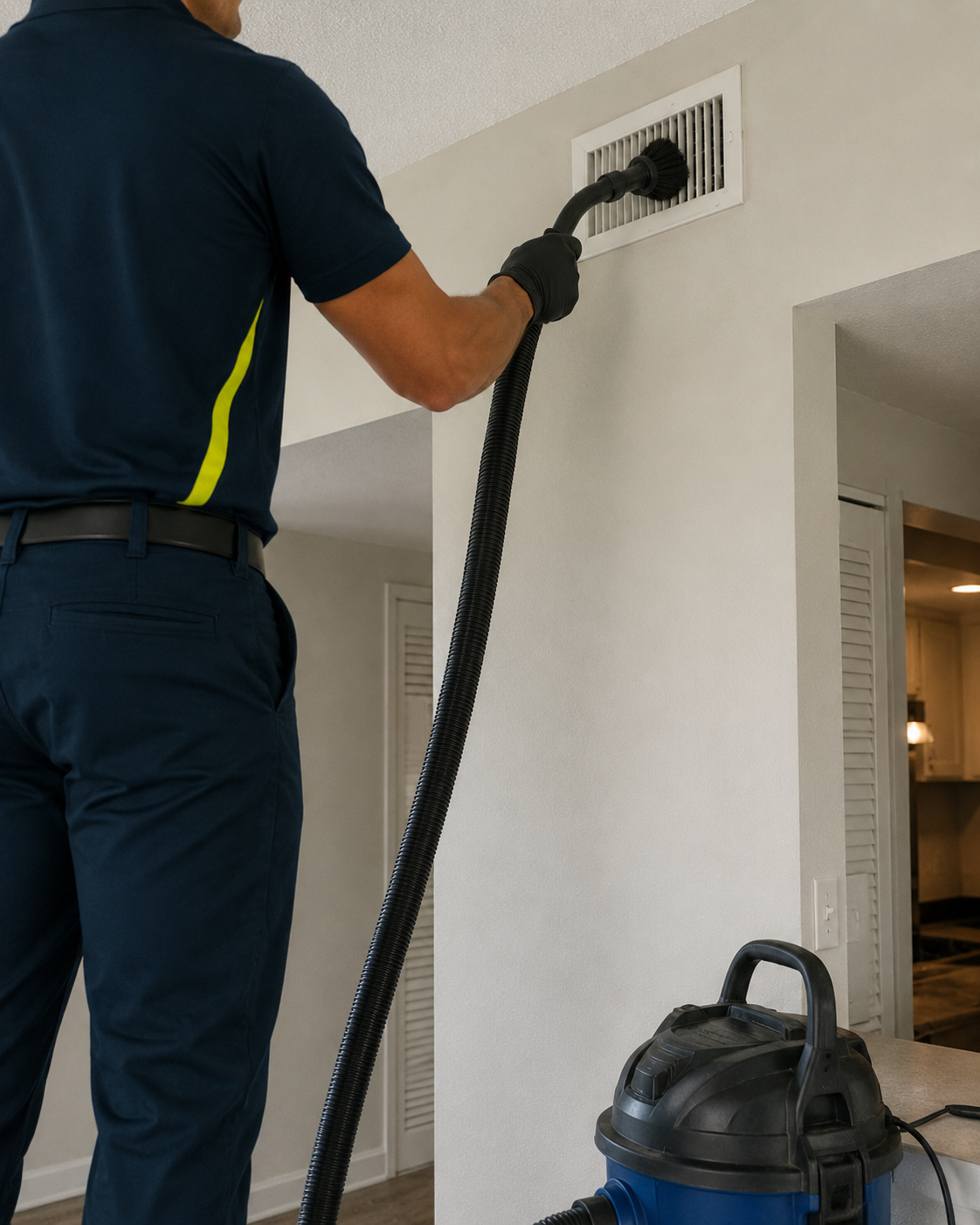 Clearview technician cleaning air vent with vacuum in a residential unit